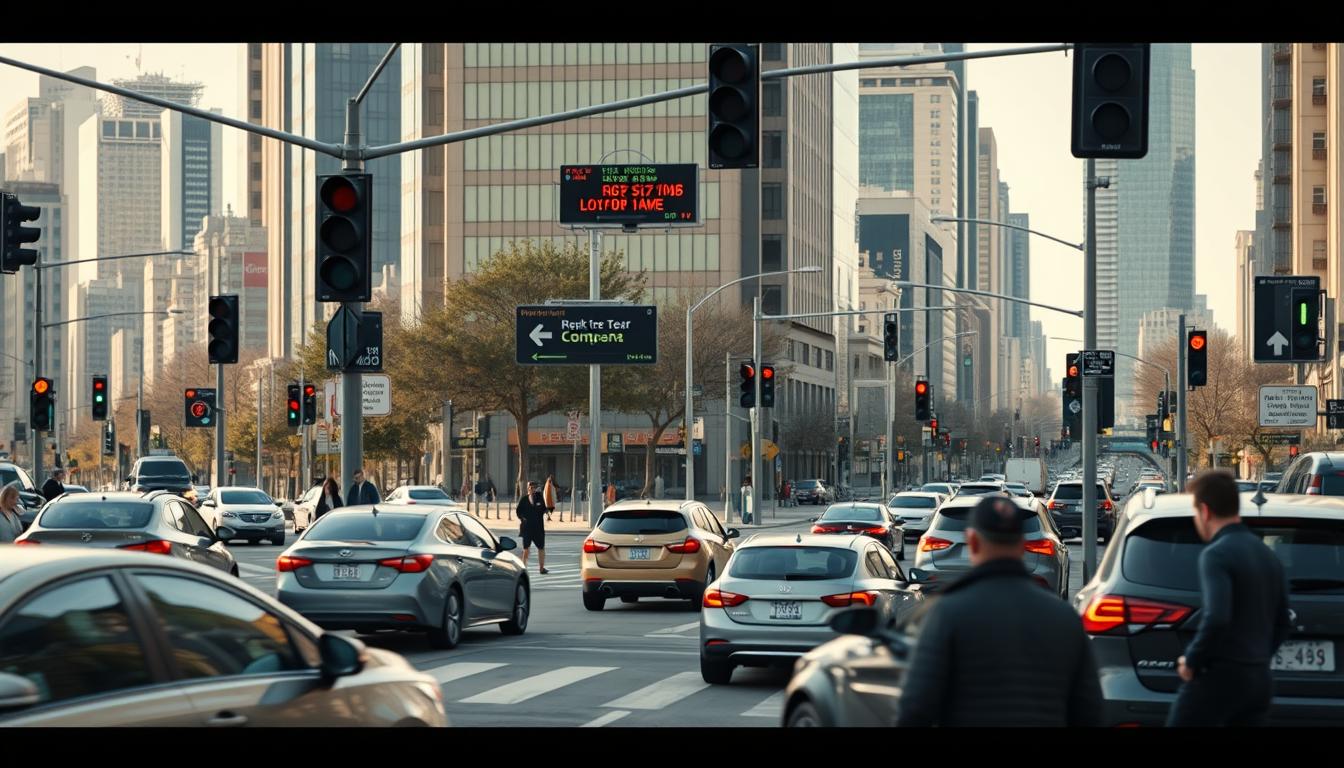 Reduce waiting times and traffic congestion: A bustling cityscape with cars and pedestrians, showcasing efficient traffic flow, synchronized traffic lights, and real-time information displays guiding commuters to their destinations. The scene is captured with a Sony A7R IV camera, 70mm lens, and a polarized filter, creating a crisp, clear, and vivid image that conveys a sense of order and optimization within the urban environment.