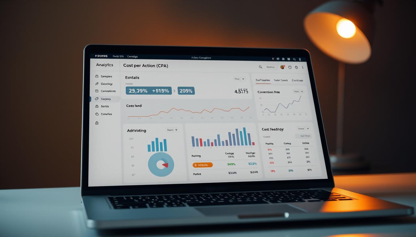 A close-up view of a laptop screen displaying an analytics dashboard with various metrics and charts related to a Cost per Action (CPA) campaign. The dashboard is illuminated by a soft, directional light source, creating a warm, professional atmosphere. The screen displays key performance indicators such as total conversions, conversion rate, and cost per acquisition, providing clear insights into the campaign's effectiveness. The laptop is placed on a sleek, minimalist desk, and the overall scene conveys a sense of data-driven decision-making and campaign optimization. Sony A7R IV 70mm, clearly focused, sharply defined, polarized filter.