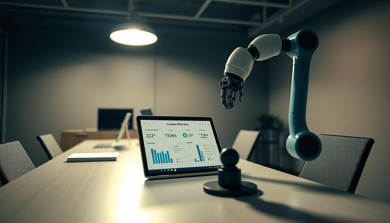 Sleek, modern office space with a central desk and computer setup. Overhead lighting casts a warm, focused glow on the workspace. On the desk, a tablet displays a customer effort score dashboard with intuitive graphs and metrics. Beside it, a robot arm moves methodically, sorting through customer feedback and automatically routing responses. The background features muted, neutral tones with subtle textural elements, creating a sense of professionalism and efficiency. Shot on Sony A7R IV 70mm, clearly focused, sharply defined, polarized filter.