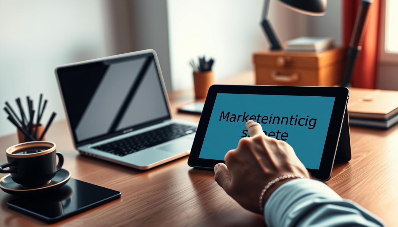 A dynamic illustration of "Brand Protection in Minutes": a sleek, modern desk setup with a laptop, stylish office accessories, and a prominent focus on a hand tapping a tablet, displaying the "Markeneintrag schnell" text. The scene is captured with a Sony A7R IV camera, using a 70mm lens and a polarized filter, resulting in sharp, defined details and a professional, editorial-style aesthetic. The lighting is clean and evenly distributed, creating a sense of clarity and efficiency. The overall mood conveys the ease and speed of protecting one's brand, aligning with the section title "Eigene Marken innerhalb von Minuten schützen".