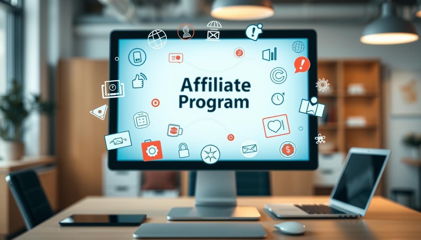 shot on sony A7R IV 70mm, clearly focused, sharply defined, polarized filter. Affiliate program displayed on a computer screen with various affiliate marketing icons, logos, and symbols floating around it. The screen is set against a blurred background of a modern office environment, with a desk, laptop, and other office supplies visible. The image conveys a sense of digital commerce, collaboration, and the interconnectedness of online business networks. The overall mood is one of professionalism, technology, and the potential for revenue generation through affiliate partnerships.