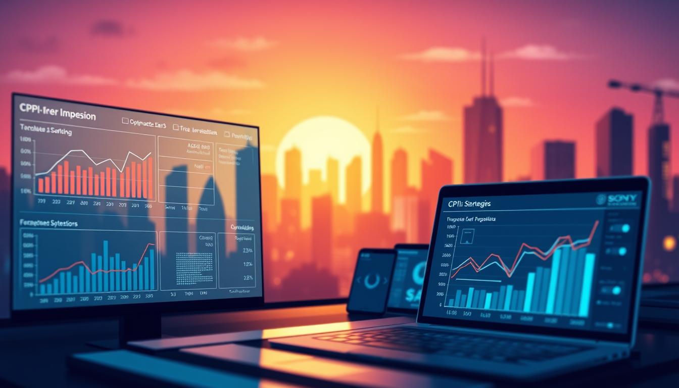 A sleek and modern illustration depicting various strategies for cost-per-impression (CPI) advertising. In the foreground, a sharp focus on a digital dashboard showcasing key CPI metrics and optimizations. In the middle ground, silhouettes of digital devices and platforms representing different CPI channels and targeting options. The background features a vibrant, abstract cityscape with skyscrapers and neon accents, symbolizing the dynamic, data-driven landscape of contemporary digital marketing. Captured with a Sony A7R IV camera at 70mm, the image conveys a sense of technical precision and strategic clarity through its polarized, high-contrast aesthetic.