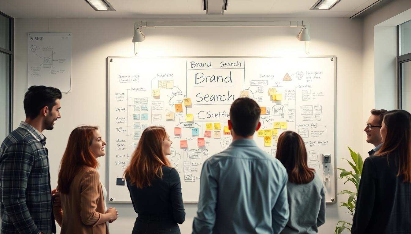 A sleek, modern office interior with a large whiteboard taking center stage. The whiteboard is filled with colorful sticky notes, mind maps, and sketches, illustrating the "Brand Search" process. In the foreground, a team of professionals is gathered around the whiteboard, engaged in a lively discussion, their faces animated with creative energy. Soft, directional lighting casts a warm glow, highlighting the details of the workspace. The composition is balanced, with the whiteboard as the focal point, and the team members positioned in a way that draws the viewer's attention to the collaborative nature of the "Wie funktioniert die Markenrecherche?" process.