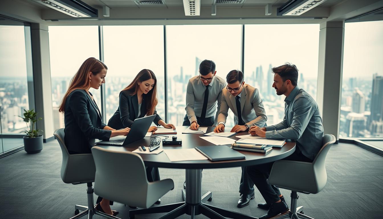 A high-resolution image of a group of business professionals engaged in a collaborative bid management meeting. The foreground features a circular table with various documents, laptops, and office supplies, surrounded by five individuals in formal attire - two women and three men - leaning in and discussing intently. The middle ground shows a spacious, well-lit office setting with minimalist decor and large windows offering a panoramic city skyline view. The background is softly blurred, emphasizing the focal point of the meeting. Crisp, even lighting from overhead and side-mounted fixtures creates a professional, productive atmosphere. Captured with a Sony A7R IV at 70mm, polarized filter for enhanced clarity.