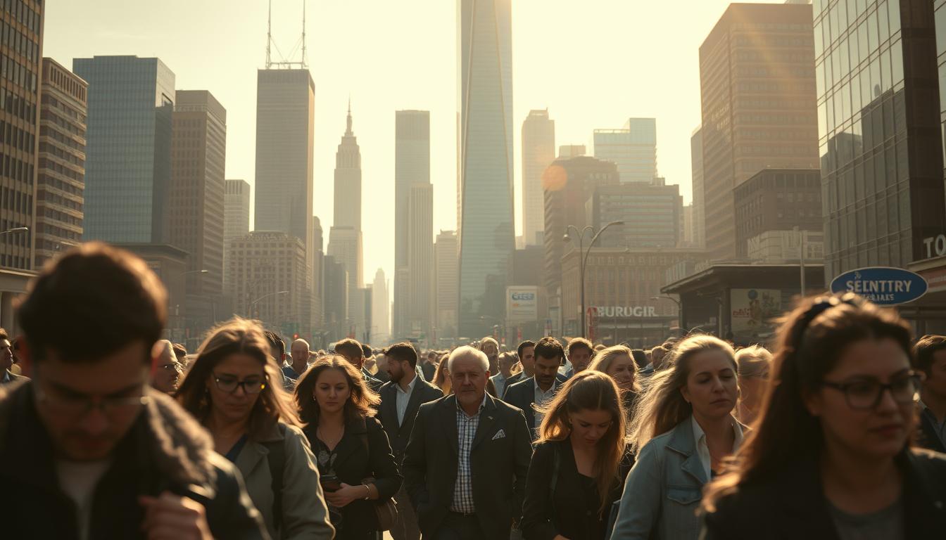 A bustling city skyline, its towering glass-and-steel buildings casting long shadows on the streets below. In the foreground, a group of frustrated customers navigates a maze of obstacles - bureaucratic red tape, communication breakdowns, and a lack of personalized service. The mood is one of frustration and disillusionment, as the promise of a customer-centric approach seems to clash with the realities of a complex, impersonal system. Polarized light illuminates the scene, highlighting the sharp contrasts between the modern cityscape and the human struggle to be heard and understood. Shot on a Sony A7R IV with a 70mm lens, the image offers a clear, sharply defined perspective on the challenges of implementing true customer centricity.