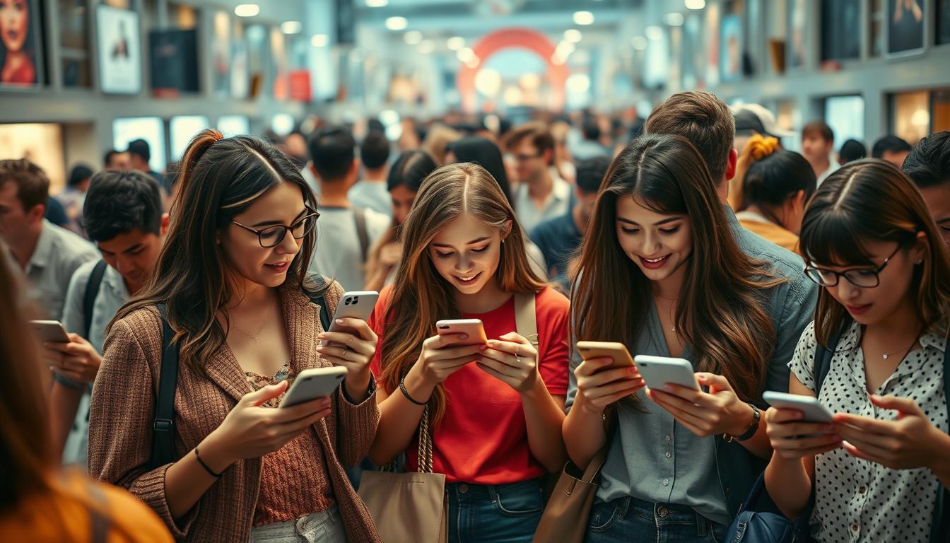 A bustling social media landscape, digital devices in hand, as consumers engage in the new era of social commerce. In the foreground, a group of millennials enthusiastically browse and share products, their expressions reflecting the excitement of discovering and interacting with brands through intuitive social platforms. The middle ground showcases a kaleidoscope of product images, reviews, and influencer recommendations, seamlessly integrated into the digital experience. In the background, a sleek, minimalist e-commerce interface underpins the seamless transaction, highlighting the power of social media to drive customer engagement and conversion. Captured with a Sony A7R IV 70mm lens, the scene is sharply defined, with a polarized filter enhancing the vibrancy of the digital displays and the intensity of the social interactions.