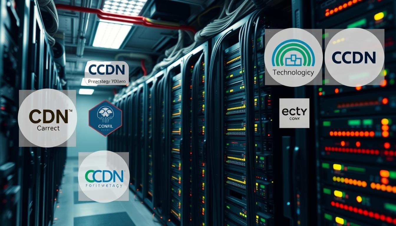 Shot on Sony A7R IV 70mm, a modern server room filled with racks of network equipment, blinking lights, and cables. Polarized filter creates a crisp, focused view of the foreground with a slightly hazy, atmospheric background. The room is brightly lit, showcasing the intricate hardware powering a robust multi-CDN strategy. Various CDN logos and technologies are subtly incorporated throughout the scene, conveying the complexity and interconnectedness of a comprehensive content delivery solution.