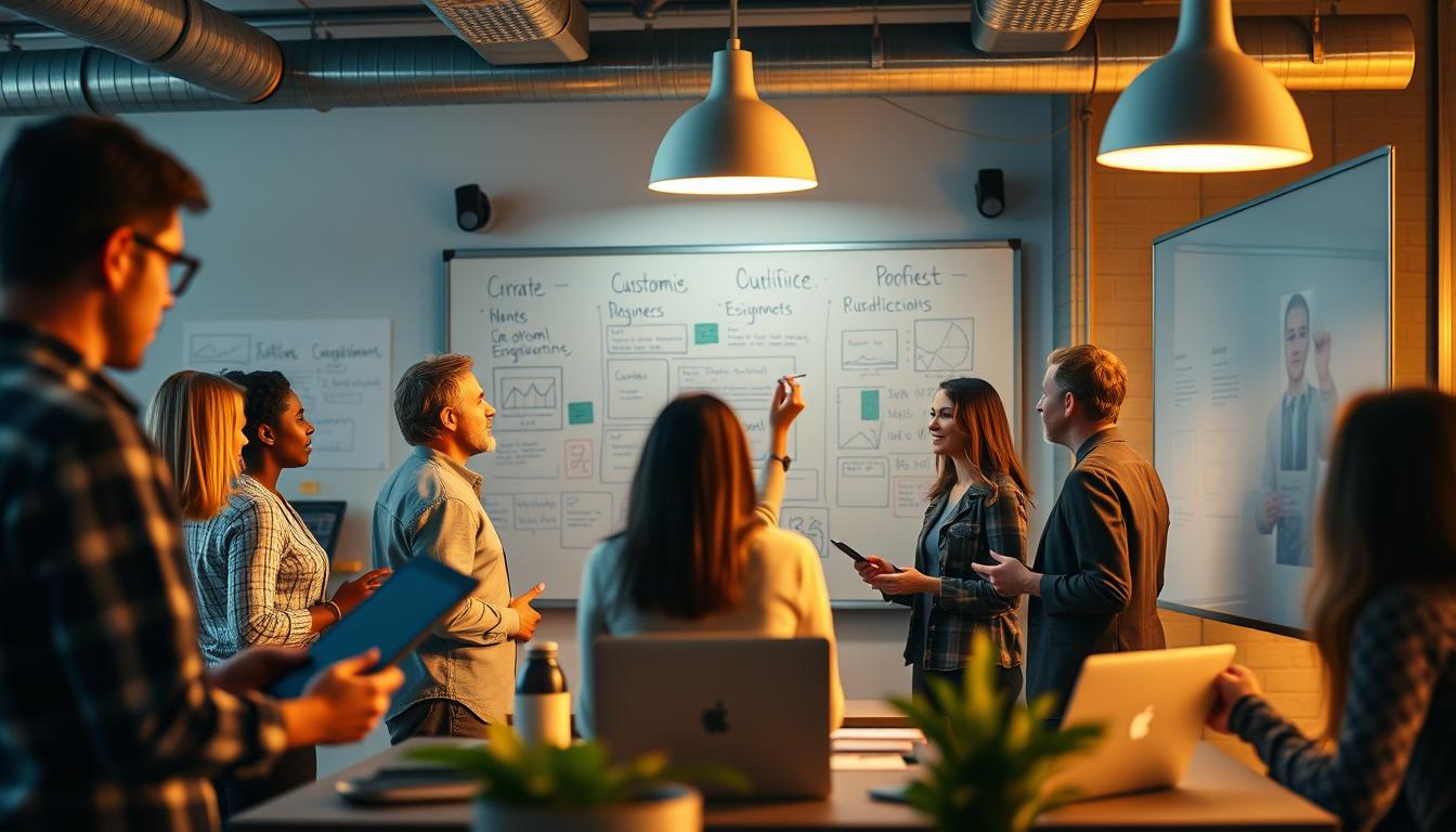 A group of diverse people engaged in collaborative customer-centric approaches, working together in a modern, well-lit office environment. Designers, analysts, and developers brainstorming ideas on a large whiteboard, with laptops and tablets in hand. Warm lighting creates a focused, creative atmosphere. Shot on Sony A7R IV 70mm, clearly focused, sharply defined, polarized filter.