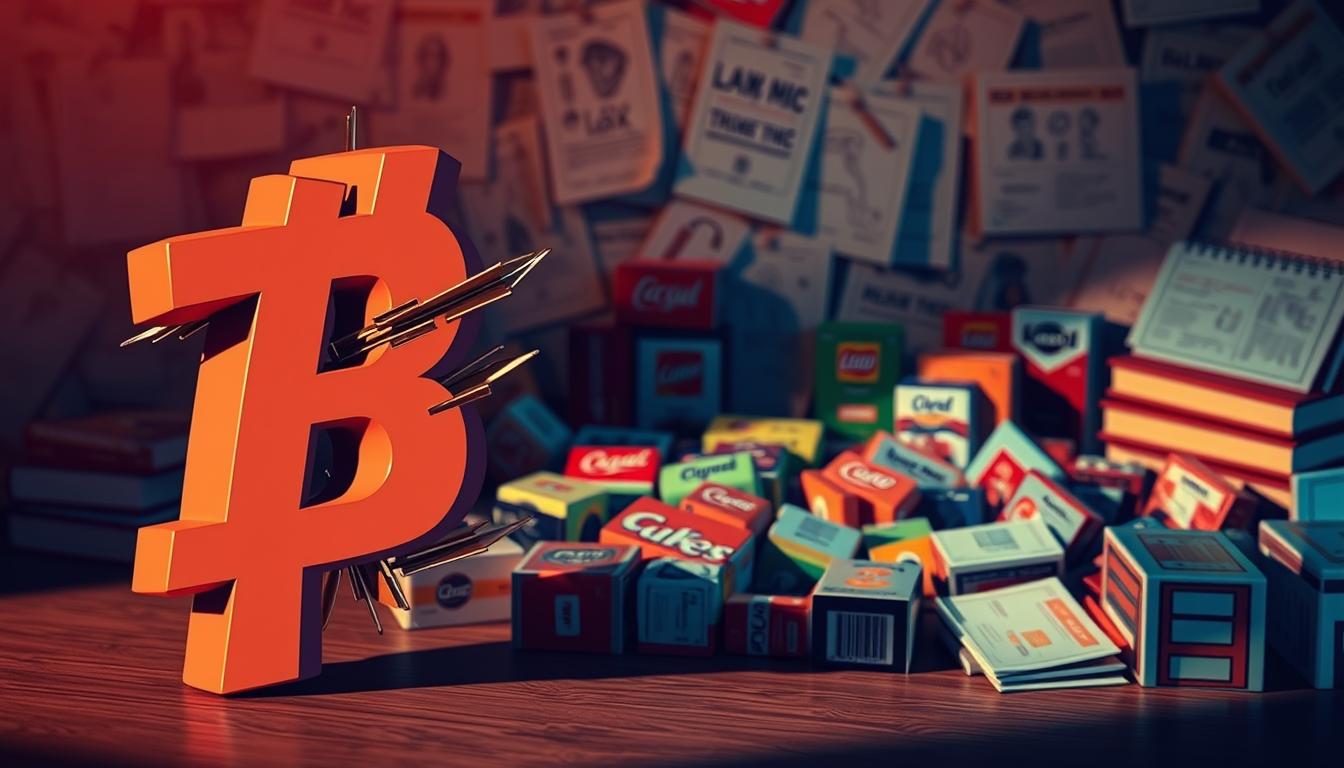 A vibrant, three-dimensional digital illustration depicting a trademark infringement scenario. In the foreground, a bold, stylized brand logo is prominently displayed, its distinctive design elements distorted and manipulated. The middle ground features a cluttered array of imitation products, their packaging mimicking the original branding. In the background, a maze of legal documents, courtroom sketches, and law books sets the scene of a complex brand protection case. Dramatic lighting casts sharp shadows, emphasizing the tension and gravity of the situation. Rendered with a photorealistic quality, the image conveys the serious consequences of unauthorized use of intellectual property.