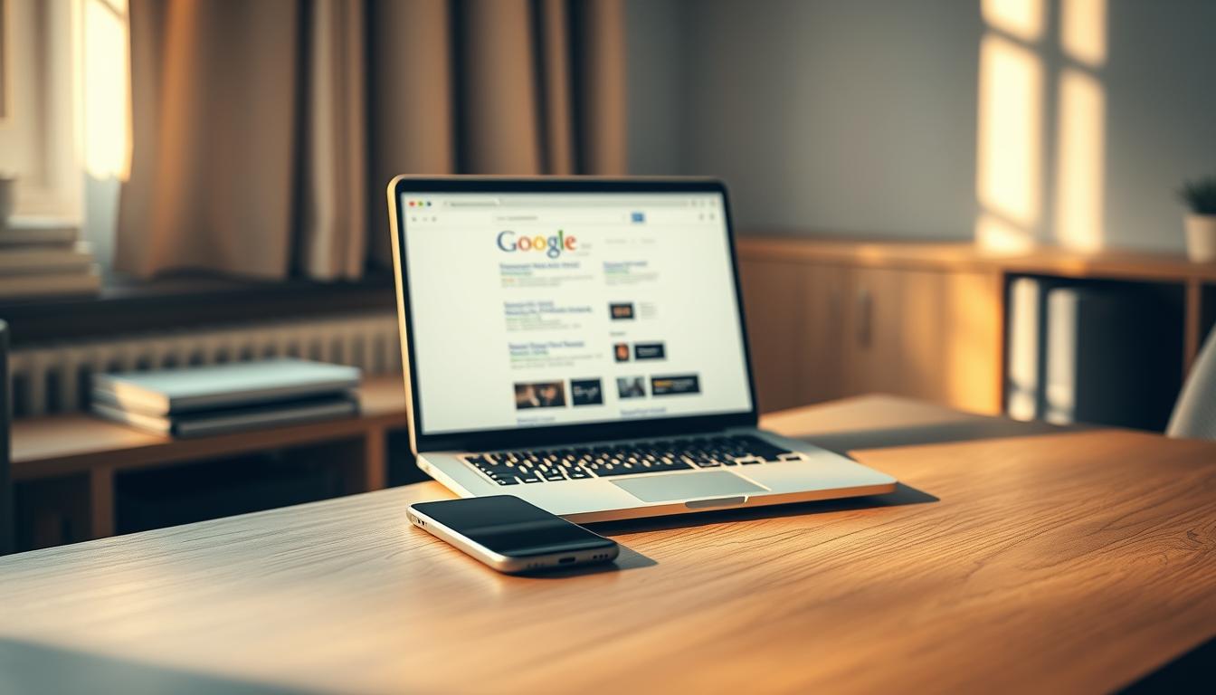 A serene office setting, with a laptop and smartphone on a minimalist wood desk. The screen displays a search engine results page, showcasing sponsored ads prominently placed. The scene is bathed in warm, directional lighting, casting subtle shadows that convey depth and dimension. A clean, modern aesthetic prevails, with a neutral color palette of grays, whites, and natural wood tones. The overall mood is one of professional refinement, hinting at the context and importance of search engine advertising rankings.