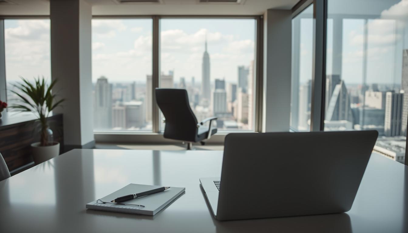 A serene, modern office interior with clean lines and natural light. In the foreground, a sleek, minimalist desk showcases a laptop, notepad, and pen, representing the user experience. The middle ground features a comfortable, ergonomic office chair, symbolizing the brand's focus on user comfort and satisfaction. In the background, floor-to-ceiling windows offer a panoramic view of a bustling cityscape, conveying the connection between the user's digital interaction and the real-world brand perception. The scene is captured with a Sony A7R IV 70mm lens, utilizing a polarized filter to enhance depth and clarity, resulting in a sharply defined, focused image that evokes a sense of professional refinement and user-centric design.