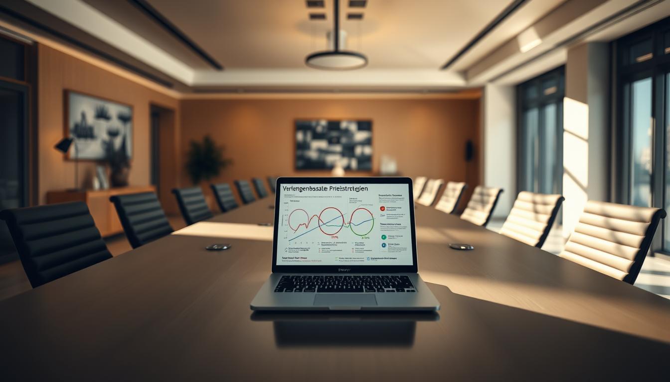 A pristine modern office interior with a large conference table, sleek chairs, and minimal decor. On the table, a laptop displays a complex chart illustrating "Verhaltensbasierte Preisstrategien" - a visual breakdown of behavioral pricing concepts. The room is bathed in warm, directional lighting, creating deep shadows and highlights that accentuate the clean lines and sophisticated atmosphere. The scene is captured with a Sony A7R IV 70mm lens, using a polarized filter to enhance contrast and clarity. The focus is sharp and the details are crisp, inviting the viewer to study the chart and imagine the strategic discussions taking place.