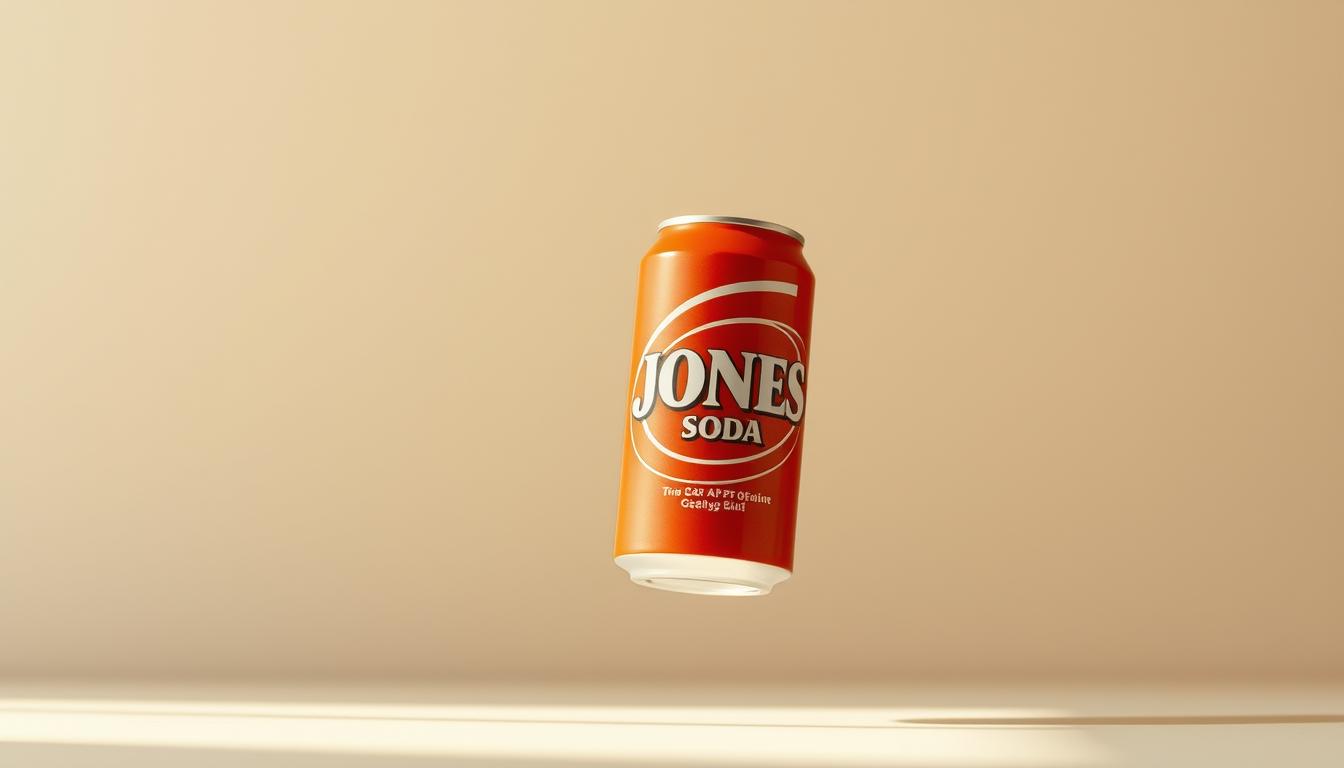 A vibrant can of Jones Soda floating in a minimalist composition, casting a soft, warm glow on a smooth, clean surface. The can's bold, colorful design stands out against the muted, neutral background, inviting the viewer to engage with the product. The lighting is natural and diffused, creating a sense of depth and dimensionality. The camera captures the can from a slightly elevated angle, emphasizing its sleek, eye-catching form. This image perfectly exemplifies the power of Engagement Marketing, showcasing a simple yet compelling product presentation that captures the viewer's attention and sparks their interest.