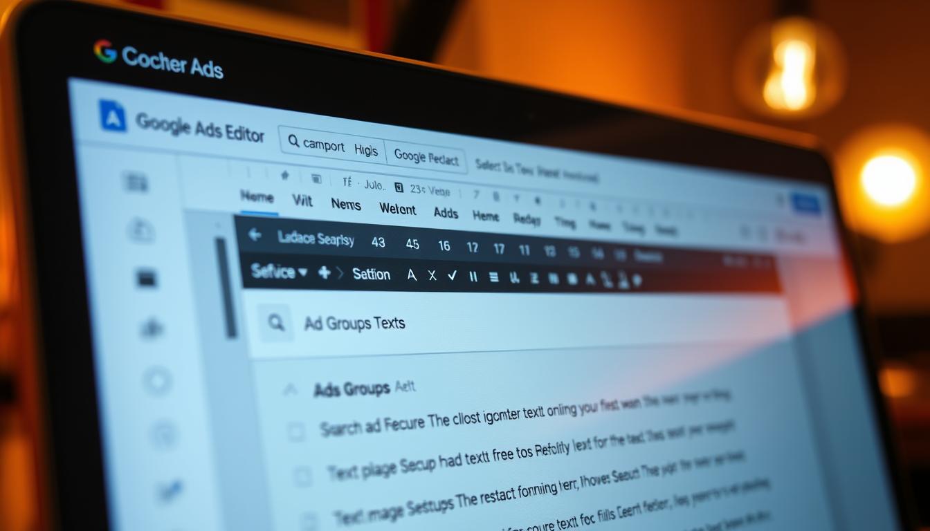 A close-up view of the Google Ads Editor interface, showcasing the text editing and search-and-replace functions. The screen displays a campaign with various ad groups and ads, allowing the user to make modifications to the text content. Warm lighting from a studio setup illuminates the scene, creating a professional and polished appearance. The focus is sharp, and the image has a polarized filter applied, enhancing the contrast and clarity of the digital elements. The overall mood is one of productivity and attention to detail, reflecting the importance of these tools in the Google Ads workflow.