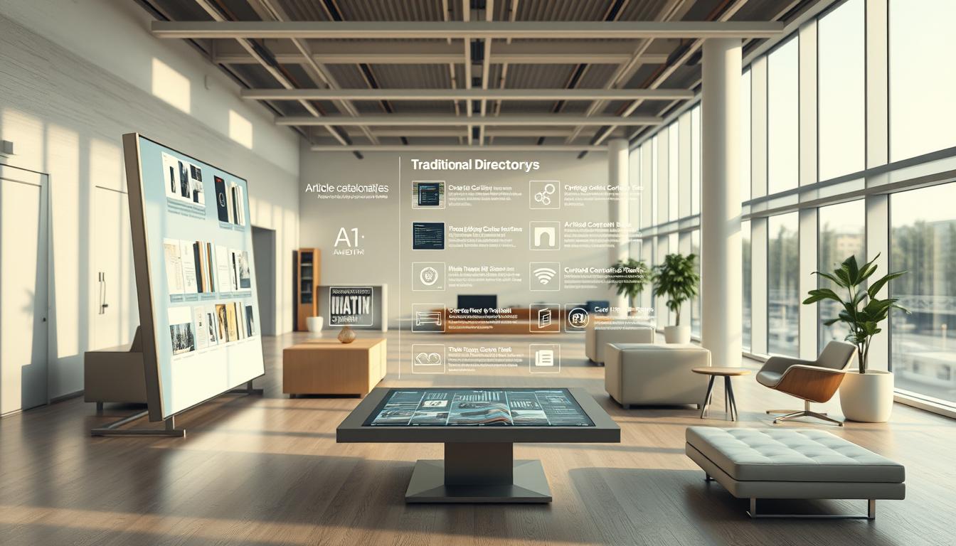 A modern office setting with a minimalist, futuristic aesthetic. In the foreground, a large interactive display showcases various alternatives to traditional article directories, including digital catalogs, curated content hubs, and AI-powered search tools. The middle ground features sleek, modular furniture and clean lines, creating a sense of efficiency and innovation. The background is filled with floor-to-ceiling windows, allowing natural light to flood the space and provide a sense of openness and transparency. Captured with a Sony A7R IV 70mm lens, the image is sharply defined, with a polarized filter enhancing the vivid colors and crisp details.