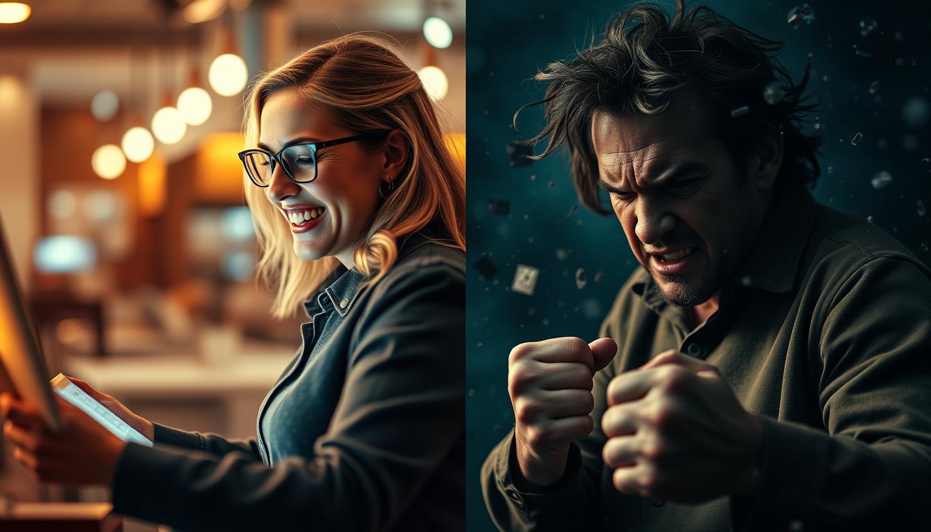A vibrant diptych, contrasting the essence of positive and negative customer experiences. In the left panel, a serene scene of a satisfied customer, bathed in warm lighting, smiling contentedly as they engage with a sleek, intuitive interface. The right panel depicts a disgruntled customer, furrowed brow and clenched fists, surrounded by a storm of chaotic elements, a symbol of frustration and dissatisfaction. Careful framing and a polarized filter lend depth and clarity, inviting the viewer to ponder the nuances of the customer experience spectrum. Shot on a Sony A7R IV, 70mm, this image serves as a visually striking representation of the topic at hand.