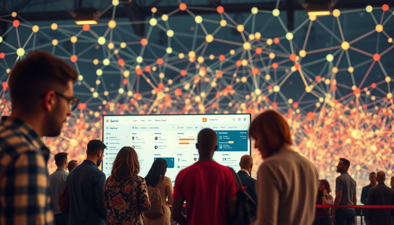 A vibrant and detailed illustration of various use cases for Graph Search, captured through the lens of a Sony A7R IV with a 70mm focal length and a polarized filter. The foreground showcases a group of people collaboratively exploring social connections and discovering relevant information. The middle ground features an interactive dashboard displaying search queries and filtering options. In the background, a vast network of interconnected nodes and edges represents the underlying graph data structure. The lighting is crisp and evenly distributed, accentuating the clarity and definition of the scene. The overall mood is one of curiosity, discovery, and the power of leveraging relational data to uncover valuable insights.
