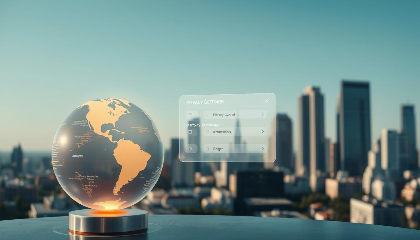 A digital landscape showcasing the intersection of geotargeting and data privacy. In the foreground, a holographic globe rotates, its surface illuminated by a soft, warm light. Subtle data visualizations pulse across its surface, representing the flow of geolocation information. In the middle ground, a sleek, minimalist interface displays privacy control settings, guarded by a complex lock mechanism. The background is a serene urban environment, with towering skyscrapers and a clear, blue sky. The scene conveys a sense of balance between technological advancement and the protection of personal data, shot on a Sony A7R IV with a 70mm lens, using a polarized filter for crisp, defined details.