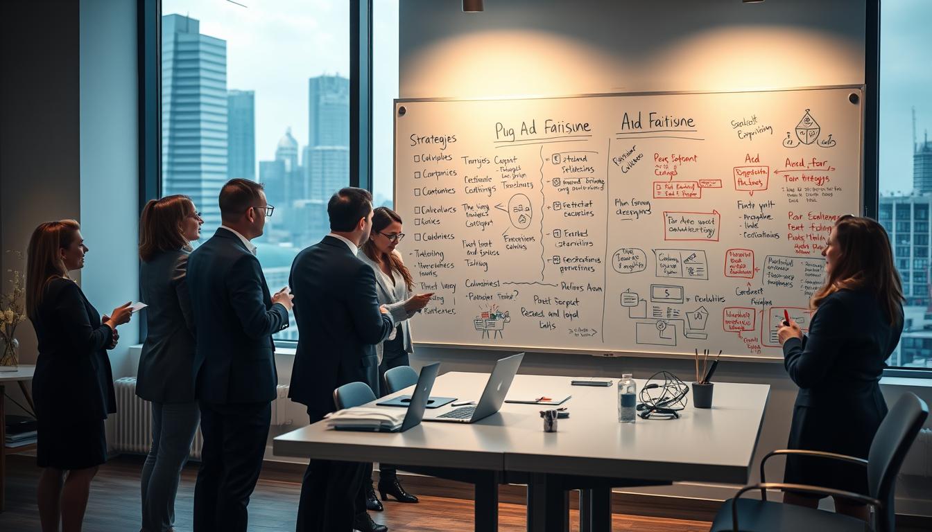 An interior office scene with a large whiteboard on the wall, showcasing various strategies and tactics for combating ad fatigue. In the foreground, a group of professionals in business attire are engaged in a lively discussion, brainstorming ideas and taking notes. The lighting is warm and natural, illuminating the scene with a sense of productivity and collaboration. The middle ground features a sleek, modern desk with a laptop and various office supplies, hinting at the analytical work being done. In the background, the window offers a view of a bustling city skyline, suggesting the broader context in which these efforts to address ad fatigue take place. The overall atmosphere conveys a sense of problem-solving and professionalism.