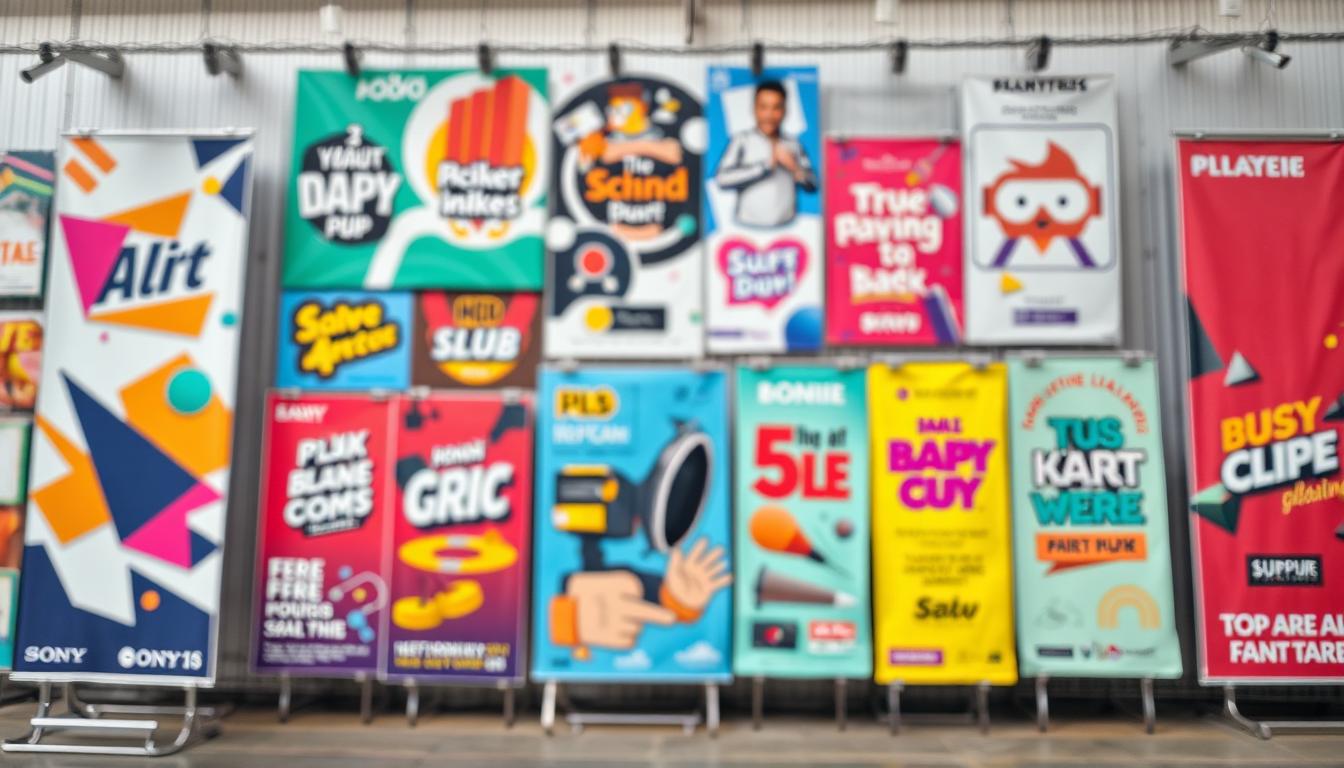 Vibrant and dynamic banner advertisements, showcasing a diverse range of creative designs. In the foreground, an eye-catching composition featuring geometric shapes, bold colors, and dynamic typography. The middle ground presents a variety of playful and innovative banner layouts, each with a unique visual style. In the background, a subtle gradient or textured backdrop provides a cohesive and visually appealing environment. The scene is captured with a Sony A7R IV camera, using a 70mm lens, resulting in a sharply defined and polarized image that conveys the energy and creativity of the subject matter.