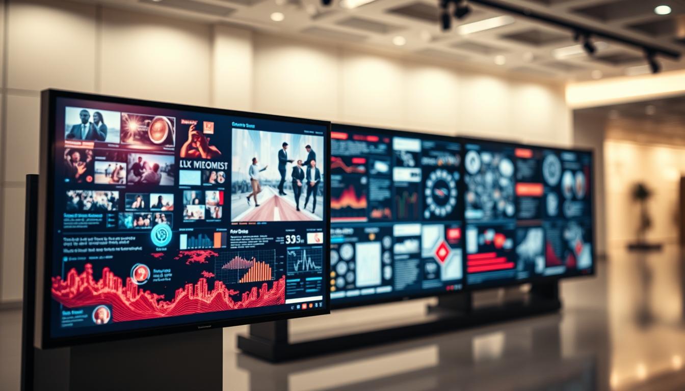 A dynamic display showcasing a diverse array of content integration strategies. In the foreground, a sleek digital screen presents a vibrant, ever-changing array of visuals and information, capturing the viewer's attention. In the middle ground, intricate data visualizations and interactive elements seamlessly blend, hinting at the complexities of modern content management. The background features a minimalist, high-tech environment with clean lines and muted tones, suggesting a sophisticated and streamlined approach to digital advertising. The lighting is soft and directional, highlighting the clarity and precision of the scene, captured through the lens of a Sony A7R IV with a 70mm focal length and a polarized filter for enhanced contrast and detail.