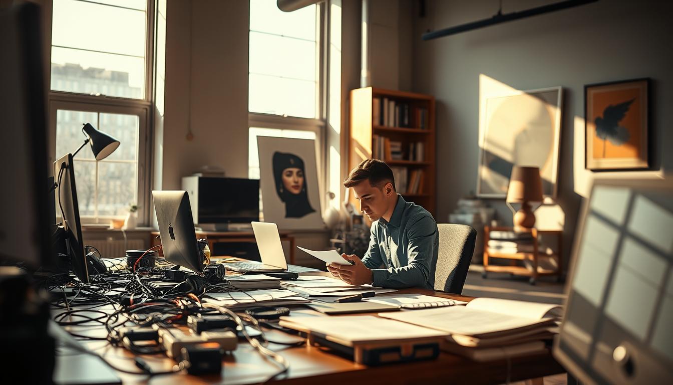 A serene office scene, polarized light filtering through large windows, casting warm shadows across the modern workspace. In the foreground, a desk cluttered with digital devices, cables, and documents - a visual representation of the challenges of content moderation. The middle ground features a contemplative employee, deep in thought, grappling with complex decisions. In the background, towering bookshelves and abstract art pieces suggest the intellectual rigor required for this critical role. Captured with a Sony A7R IV 70mm lens, the image is sharply defined, highlighting the gravity of the subject matter.