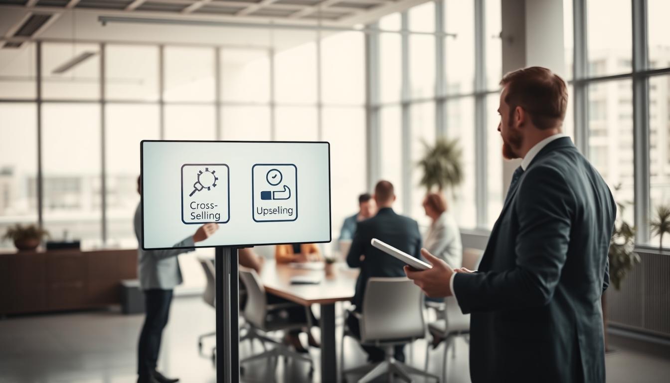 A modern office space with a sleek, minimalist design. In the foreground, a well-dressed professional stands, holding a tablet and gesturing towards a digital display. On the display, two icons represent "Cross-Selling" and "Upselling," visually illustrating the key concepts. The middle ground features a team of colleagues gathered around a conference table, engaged in a lively discussion. The background showcases floor-to-ceiling windows, allowing natural light to flood the room and create a sense of openness and productivity. The overall scene conveys a professional, collaborative atmosphere, where sales strategies are being thoughtfully considered. shot on sony A7R IV 70mm, clearly focused, sharply defined, polarized filter.