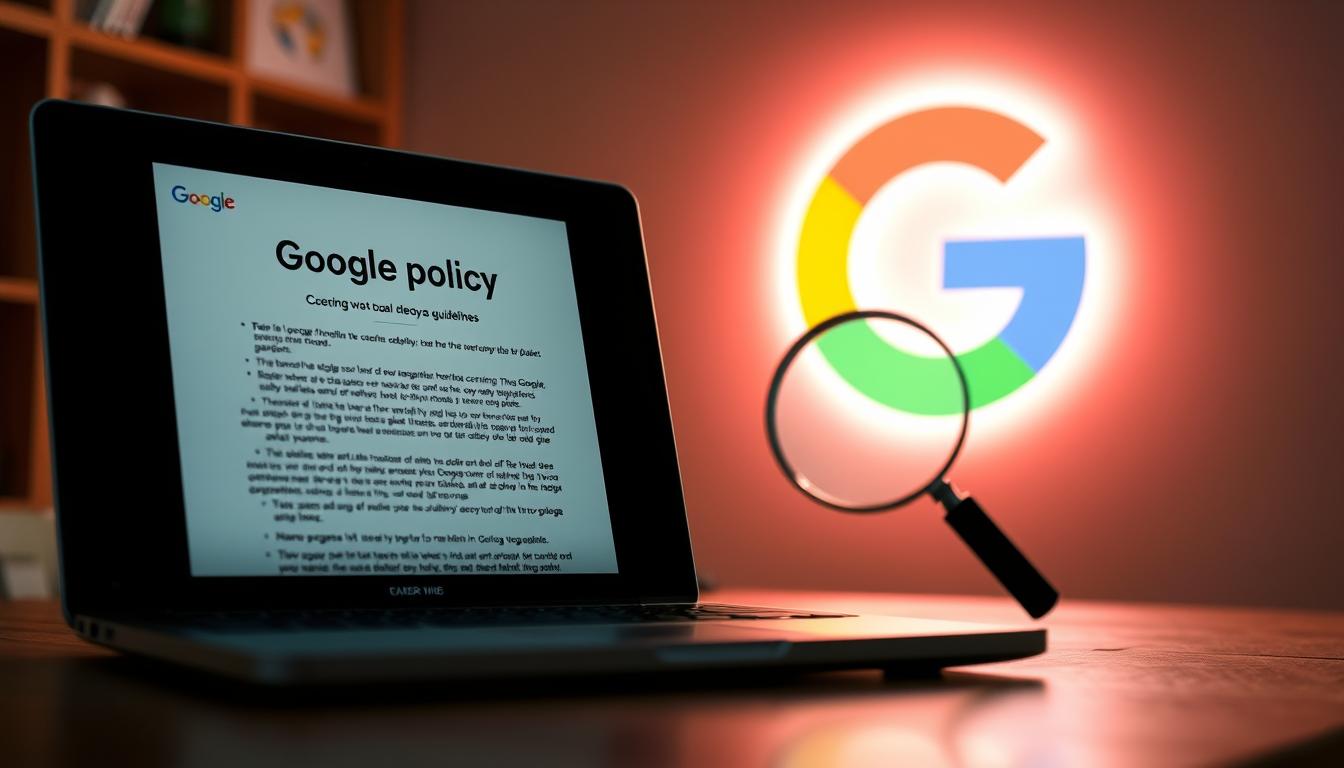 A vibrant, authoritative illustration of Google's guidelines on doorway pages. In the foreground, a laptop displays the official Google policy document, its clean lines and bold typography commanding attention. The middle ground features a magnifying glass, symbolizing the careful scrutiny Google applies to this practice. In the background, a stylized representation of the Google logo casts an omnipresent glow, underscoring the search giant's integral role in defining and enforcing these guidelines. Captured with a Sony A7R IV 70mm lens, the scene is sharply defined, with a polarized filter adding depth and clarity to the image.