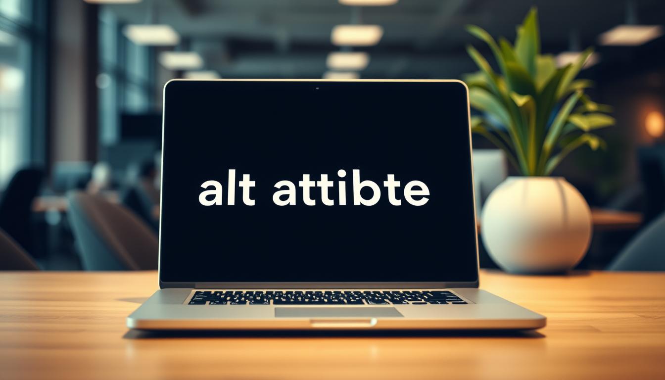 A detailed product image of a laptop computer with the "alt" attribute displayed prominently on the screen, shot on a Sony A7R IV with a 70mm lens, using a polarized filter for a crisp, clear focus. The laptop is positioned in the foreground, with a blurred background of an office environment, providing context. The image conveys the importance of the "alt" attribute and its significance for search engine optimization, with a professional, technical aesthetic.