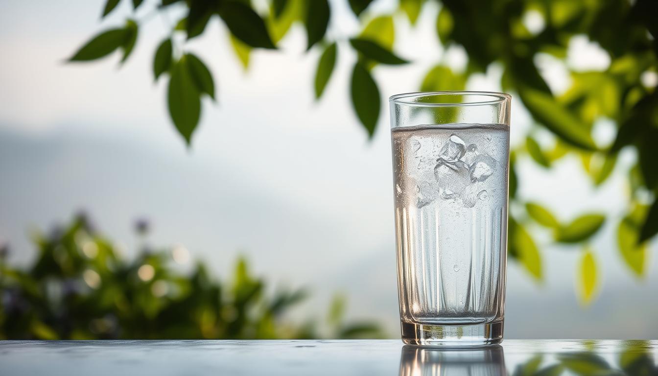 A serene, hydrating scene featuring a glass of clear, sparkling water set against a softly blurred background. The glass is positioned in the foreground, capturing the light and reflecting the rippling surface of the water. The lighting is soft and diffused, creating a calming, tranquil atmosphere. In the middle ground, lush, verdant foliage frames the scene, hinting at the natural, nourishing properties of proper hydration. The background is a hazy, dreamlike landscape, evoking a sense of wholeness and rejuvenation. The overall composition conveys the restorative, life-giving essence of proper hydration for optimal health and well-being.