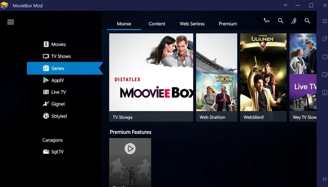 Movie Box Mod APK Premium unlock 2025 interface showing main navigation and features