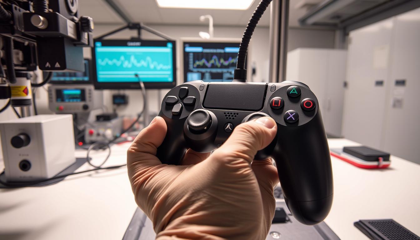 A durability stress test scene featuring a DualSense Edge controller undergoing rigorous testing. In the foreground, the controller is gripped tightly in a mechanical testing rig, its buttons and joysticks being repeatedly pressed and actuated. The middle ground showcases various tools and instruments monitoring the controller's performance, with graphs and data displays showing key metrics. In the background, a sterile, well-lit laboratory setting with clean surfaces and equipment, conveying a sense of precision and high-quality testing. Dramatic lighting casts shadows and highlights the controller's sturdy design, emphasizing its long-term durability and ability to withstand intense usage.