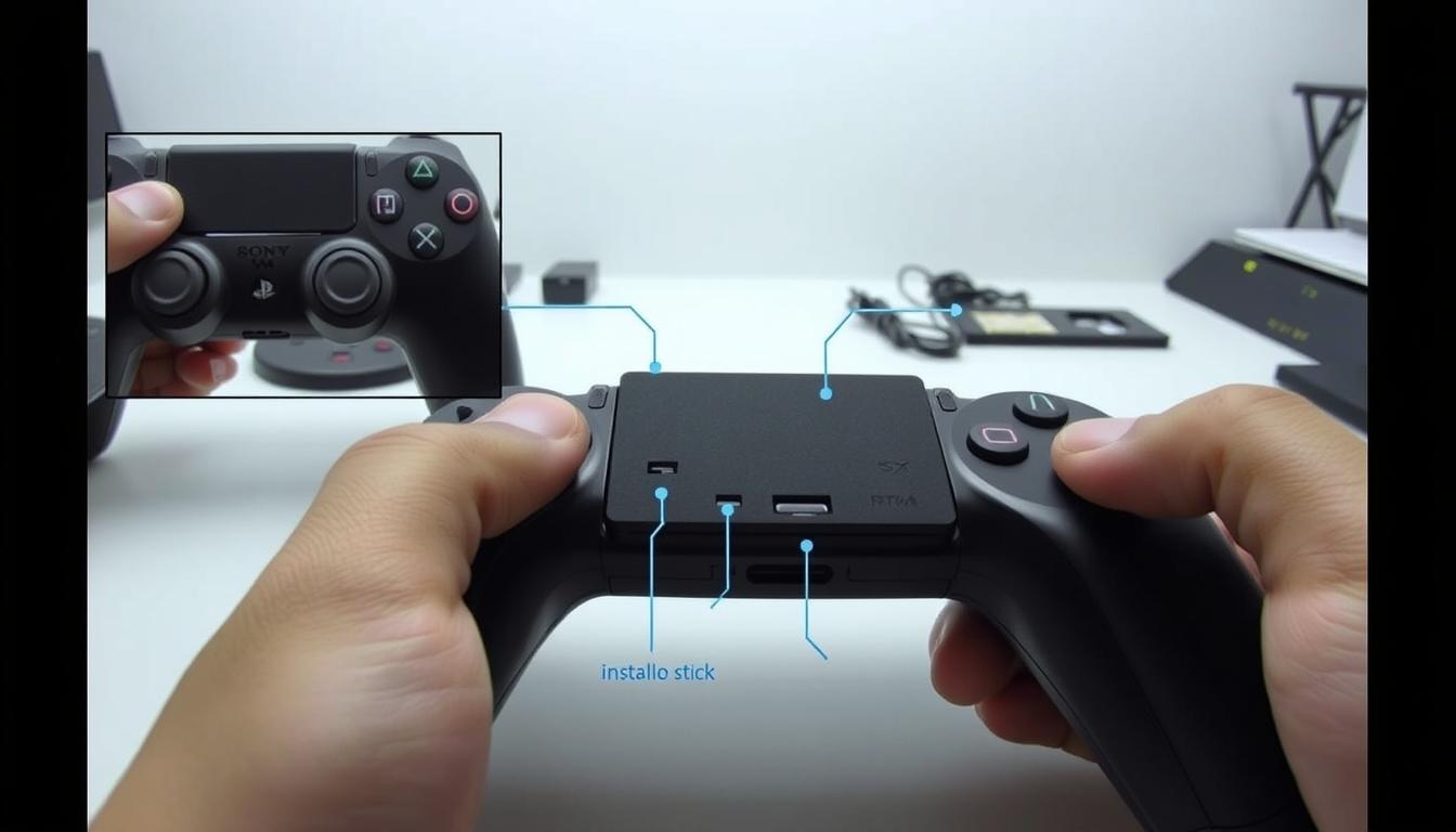A detailed, step-by-step installation guide for the Sony Stick Module, shown from a first-person perspective. The foreground features the DualSense Edge controller and the Stick Module, with clear views of the installation process. The middle ground showcases the various ports, inputs, and components required for the setup. The background depicts a clean, well-lit workspace with a neutral color palette, emphasizing the technical and instructional nature of the image. The lighting is soft and even, highlighting the details of the components. The camera angle is slightly elevated, providing a clear and accessible view of the installation process.