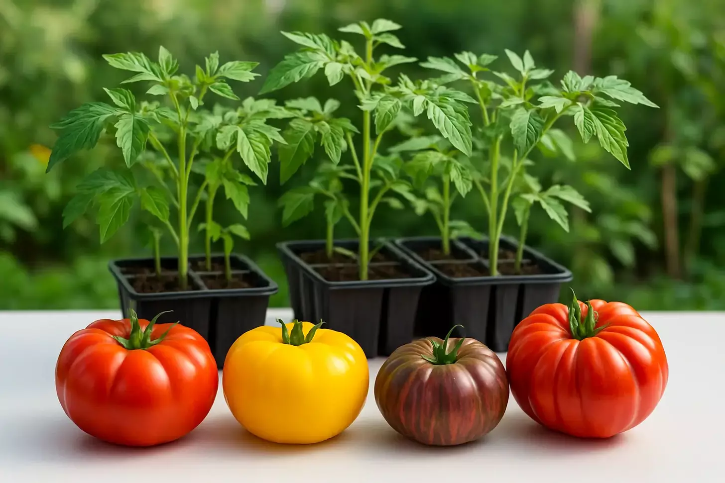 A vibrant arrangement of the best tomato plant varieties, neatly displayed against a crisp white backdrop. In the foreground, a selection of heirloom tomatoes in a range of rich colors - deep red, golden yellow, and striped purple - showcasing their unique shapes and textures. In the middle ground, several seedling trays hold a variety of tomato plant starts, their verdant foliage gently illuminated by soft, natural lighting. In the background, a lush, verdant garden setting provides a idyllic context, with hints of other thriving plants visible. The overall scene exudes a sense of freshness, vitality, and the abundance of nature's bounty, inspiring the viewer to explore the wide world of exceptional tomato plant varieties.