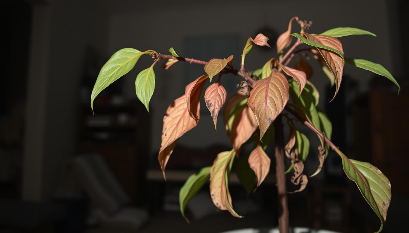 A wilting, discolored lipstick plant with drooping, unhealthy foliage in the foreground. The leaves exhibit signs of disease, such as spots, discoloration, and curling. The plant is positioned in a dimly lit indoor setting, with muted tones and shadows casting a gloomy atmosphere. The background is blurred, but suggests a neglected, cluttered home environment. Soft, warm lighting illuminates the plant, creating a somber, melancholic mood. The overall composition emphasizes the plant's distressed state, conveying the challenges of an unhealthy lipstick plant.