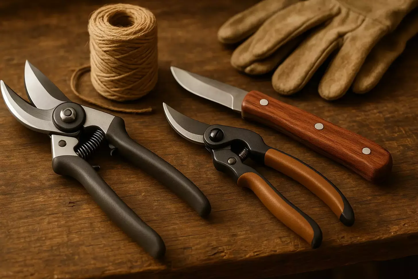 A detailed still life arrangement showcasing the essential tools for pruning lavender plants. In the foreground, a pair of sharp, high-quality pruning shears with stainless steel blades and an ergonomic grip. Alongside, a small hand pruner with a comfortable handle and a finely serrated edge. In the middle ground, a small gardening knife with a curved, razor-sharp blade for delicate trimming. In the background, a roll of soft, breathable gardening twine and a pair of thick, durable gardening gloves. The tools are artfully arranged on a rustic wooden surface, bathed in warm, natural lighting that accentuates their textures and colors. The overall mood is one of practicality and attention to detail, reflecting the care and precision required for proper lavender pruning.
