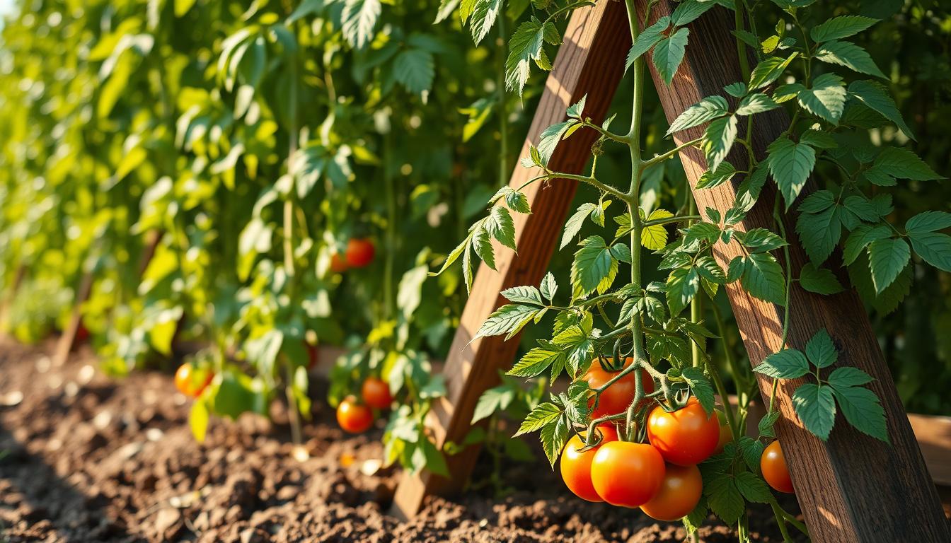 A lush, well-tended tomato plant, its verdant foliage supported by a sturdy, A-frame trellis. The structure, made of robust wooden beams and crossbars, rises from the rich, loamy soil, providing a stable, vertical framework for the plant's sprawling vines. Sunlight filters through the leaves, casting a warm, golden glow over the scene. In the foreground, the plant's ripe, juicy tomatoes hang in clusters, ready to be harvested. The composition captures the essence of a thriving, well-cared-for tomato plant, showcasing the importance of proper planting techniques for optimal growth.