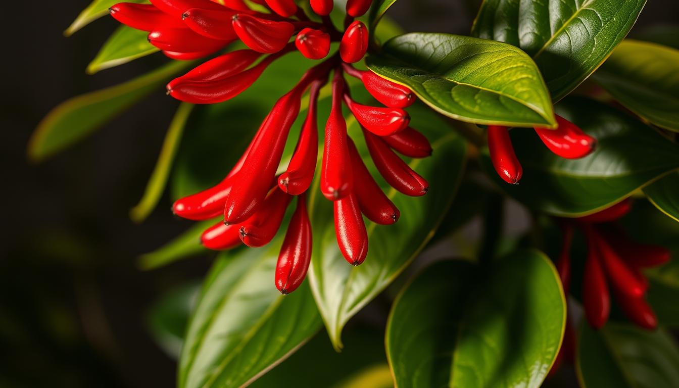 A close-up, high-detailed view of an Aeschynanthus lipstick plant, also known as the "lipstick plant". The plant is shown in full bloom, with vibrant, waxy, tubular, scarlet red flowers cascading down from the lush, green, glossy leaves. The flowers have a shiny, glossy appearance, as if freshly bloomed. The lighting is warm and directional, creating a dramatic, studio-style setup that highlights the plant's intricate textures and vivid colors. The background is blurred, placing the focus entirely on the stunning, centerpiece Aeschynanthus specimen. The overall composition is balanced and visually striking, showcasing the plant's unique and captivating aesthetic.