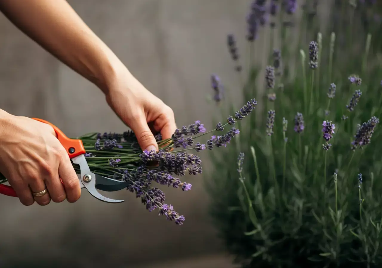 A well-lit, closeup shot of a person's hands carefully pruning lavender stems, revealing the plant's soft, purple blooms and lush foliage. The image should convey a sense of delicate precision and care, with the subject's hands gently shaping the plant against a blurred, neutral background. The lighting should be natural and warm, casting subtle shadows that accentuate the textures of the lavender. The composition should be balanced, with the lavender plants occupying the majority of the frame, showcasing the proper techniques for this task.
