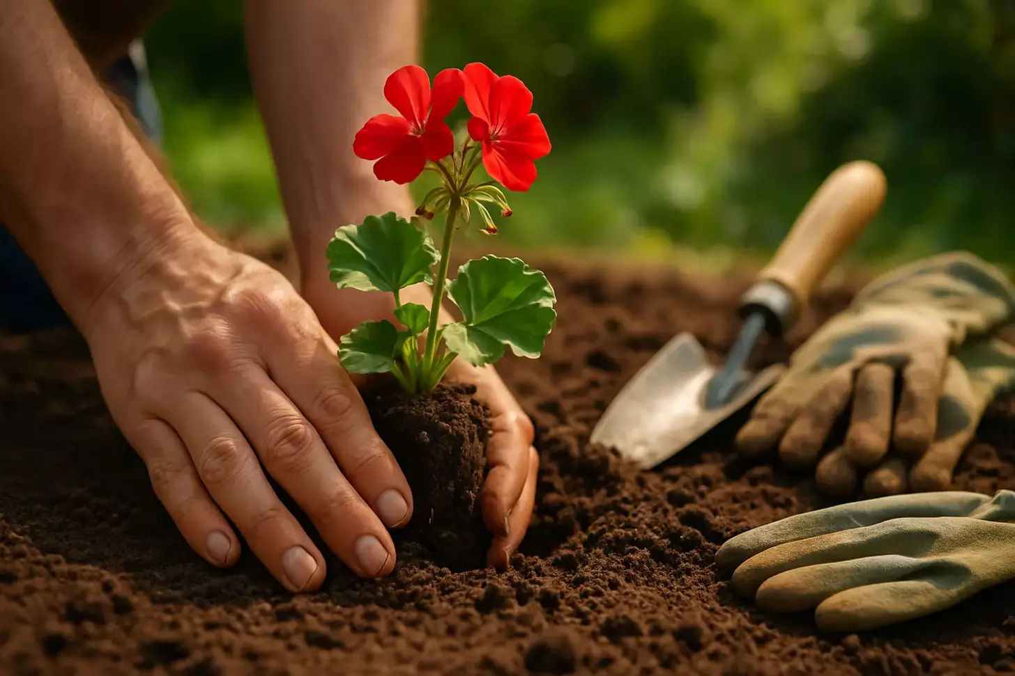 A close-up view of a gardener's hands carefully planting a vibrant geranium seedling into a well-prepared soil bed. The foreground is in sharp focus, showcasing the intricate process of gently pressing the roots into the earth, surrounded by loose, nutrient-rich soil. The middle ground features a variety of garden tools, such as a trowel and gardening gloves, creating a sense of a dedicated gardening workspace. The background is blurred, suggesting a lush, green outdoor setting, perhaps a flourishing garden or a sunny patio. Warm, natural lighting gently illuminates the scene, creating a peaceful and harmonious atmosphere.