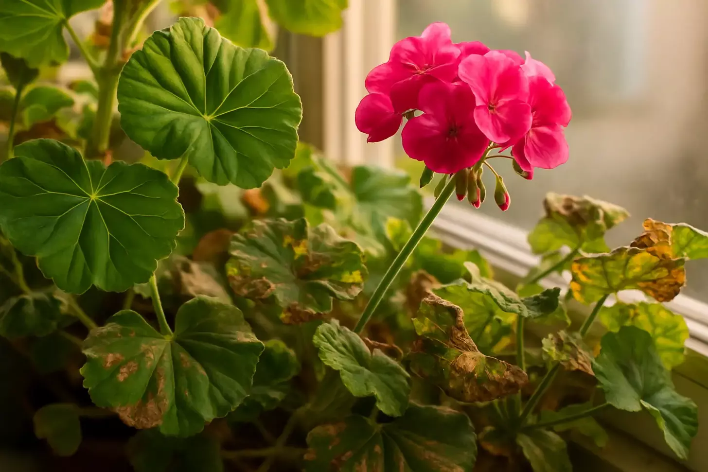 A close-up, highly detailed photograph of lush, vibrant geranium leaves and flowers, backlit by warm afternoon sunlight filtering through a window. The foreground features large, rounded green leaves with intricate vein patterns, along with clusters of delicate, fuchsia-colored blossoms. The middle ground showcases a mix of healthy and diseased or damaged foliage, with brown spots, curling edges, and signs of pests or disease. The background is softly blurred, hinting at the indoor setting. The lighting is natural, creating a sense of depth and dimension, with highlights and shadows accentuating the textural qualities of the plant. The overall mood is one of careful examination, inviting the viewer to closely inspect the common problems and solutions for growing beautiful, healthy geraniums.