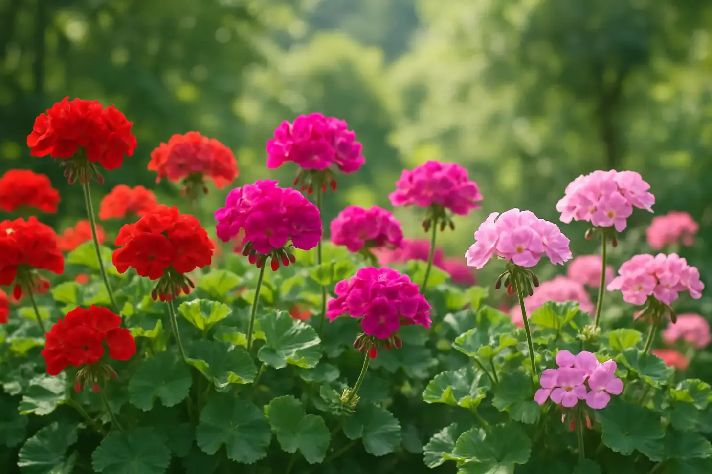 A vibrant display of diverse geranium varieties, captured in a natural, sun-dappled setting. The foreground features lush, vividly colored blooms in shades of crimson, fuchsia, and soft pink, their delicate petals gently swaying in a light breeze. In the middle ground, verdant foliage in varying hues of green provides a lush backdrop, while the background is filled with a hazy, blurred landscape, suggesting a serene, idyllic garden setting. The lighting is soft and warm, casting a gentle glow over the scene, creating a sense of tranquility and beauty. The composition is balanced and visually captivating, inviting the viewer to explore the rich diversity and charm of these beloved flowering plants.