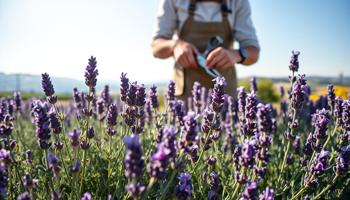 A lush, well-tended lavender garden on a sunny day. In the foreground, a gardener's hands carefully prune the delicate purple blooms, the tender stems gently snipped with precision. The middle ground reveals the plant's distinctive silvery-green foliage, its intricate leaf structure captured in striking detail. In the background, a soft, hazy landscape unfolds, with rolling hills and a clear blue sky that complements the calming palette of the lavender. The scene is bathed in warm, natural lighting, casting gentle shadows and highlights that accentuate the textures and shapes of the plant. The overall atmosphere is one of tranquility and reverence for the beauty of this versatile and aromatic herb.