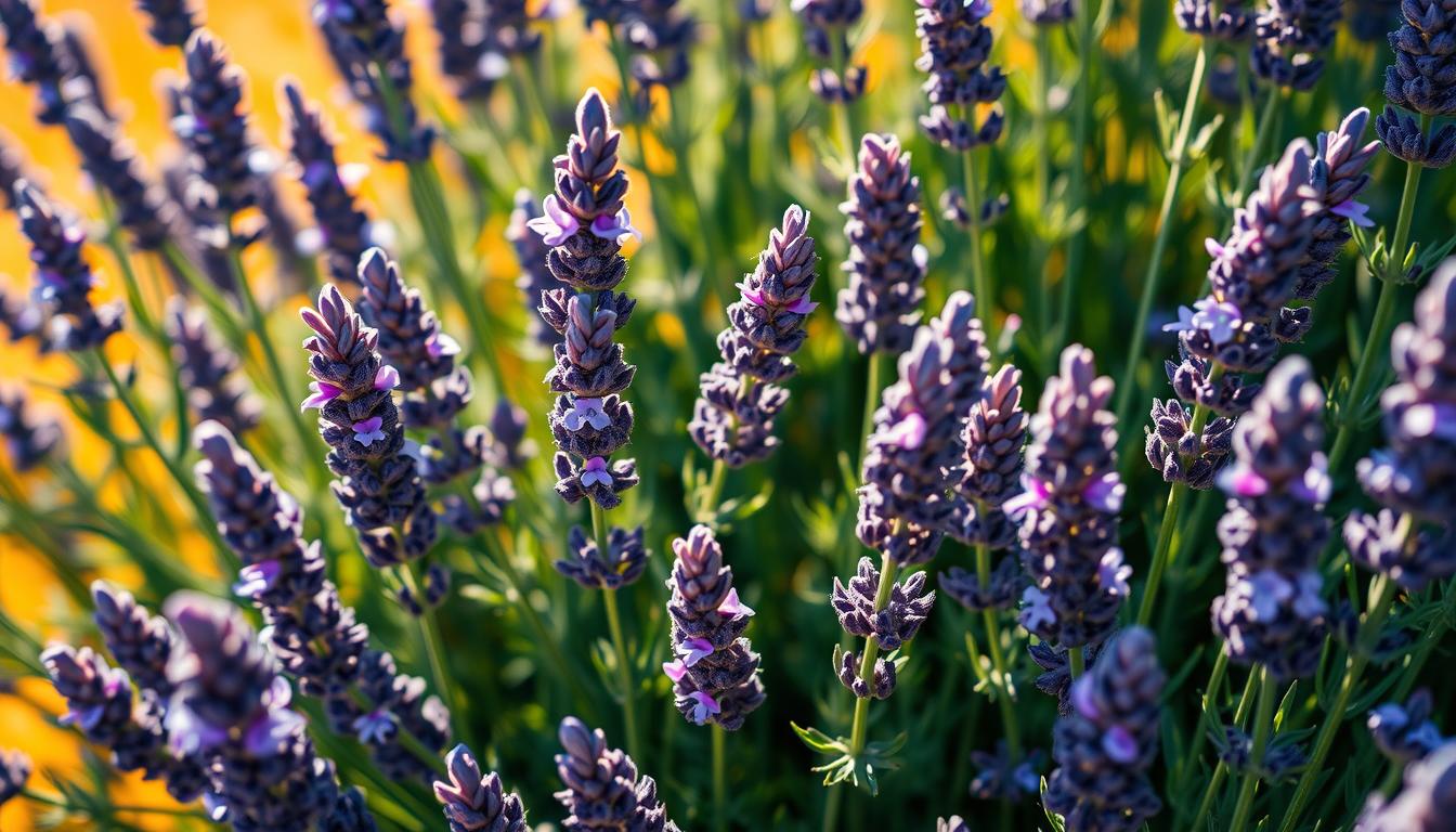 A vibrant, well-lit close-up of lush, verdant lavender plants in their prime, with soft, feathery foliage and delicate purple flowers in bloom. The plants are set against a warm, golden-toned background, perhaps a sun-dappled garden or field, creating a serene, natural atmosphere. The plants are at the ideal stage for pruning, showcasing the perfect timing and technique for maintaining their shape and promoting healthy new growth. The camera angle and composition draw the viewer's attention to the intricate details of the lavender, highlighting its textures, colors, and overall aesthetic appeal.