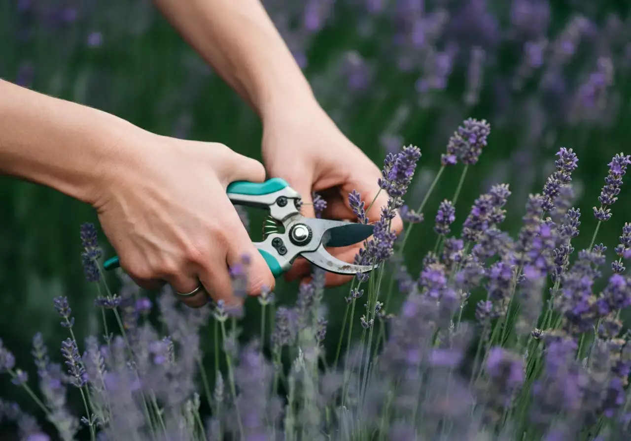A close-up view of a skilled gardener's hands carefully pruning lavender stems, showcasing the delicate and methodical technique. The lavender plants are lush and vibrant, filling the frame with their iconic purple hues and earthy aromas. The scene is captured in soft, diffused natural light, creating a serene and calming atmosphere. The background is slightly blurred, allowing the focus to remain on the intricate pruning process. The composition emphasizes the importance of proper technique, with the gardener's hands guiding the pruning shears with precision and care.