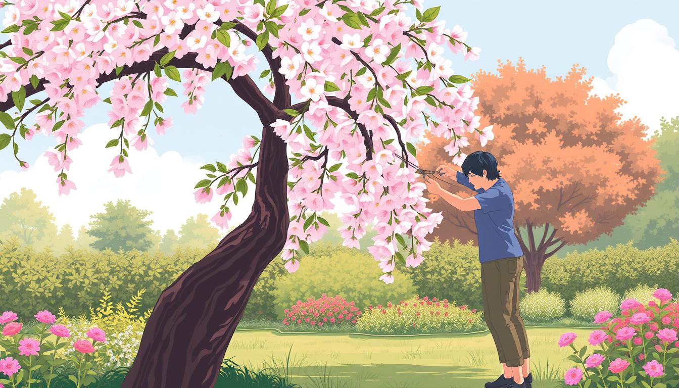 Image of a person pruning a weeping cherry tree