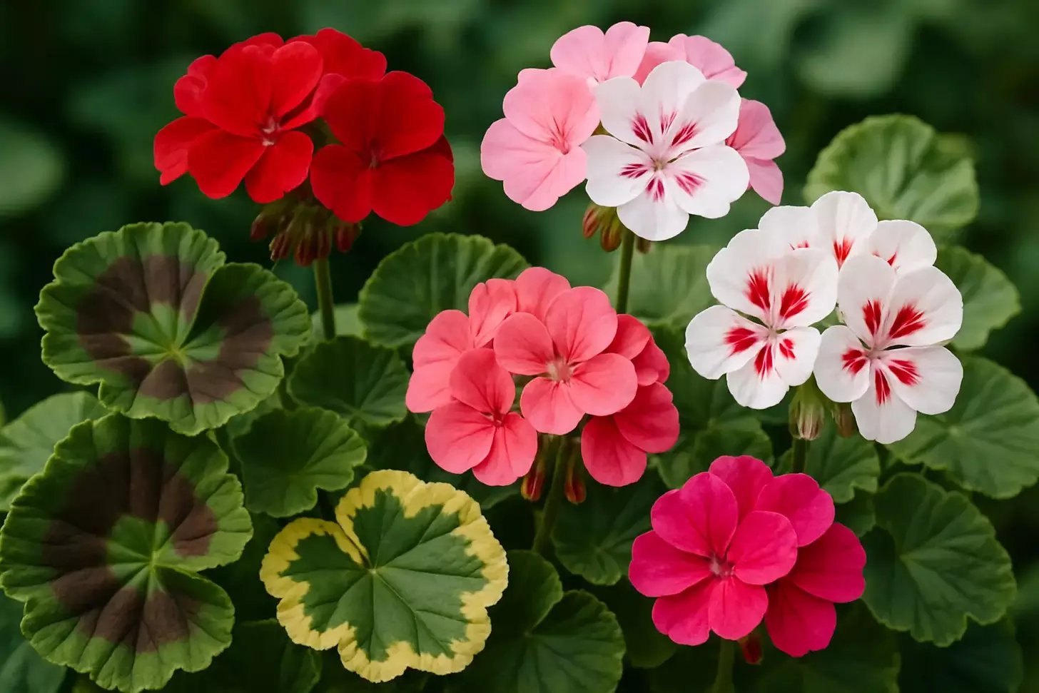 A meticulously detailed close-up image of a variety of zonal geraniums, showcasing their distinct leaf patterns, vibrant blooms, and diverse color palettes. The foreground features lush, verdant foliage with intricate, scalloped leaves in shades of deep green, burgundy, and variegated hues. In the middle ground, a cluster of eye-catching flowers in a harmonious blend of reds, pinks, and whites, their petals delicately rendered with a soft, painterly finish. The background is softly blurred, creating a sense of depth and focus on the captivating botanical subjects. Lighting is natural and diffused, highlighting the textural richness and vibrant hues of the geraniums. Captured with a high-resolution macro lens, the image conveys the beauty and diversity of this beloved flowering plant.