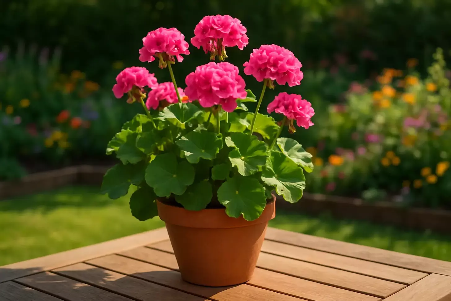 A lush, vibrant potted geranium plant sits on a wooden patio table, its vivid pink blooms cascading gracefully. The warm afternoon sunlight filters through delicate leaves, casting soft shadows that dance across the terracotta pot. In the background, a well-tended garden bed brims with colorful perennials, hinting at the nurturing care the geranium has received. The scene conveys a sense of tranquility and pride in cultivating a thriving, healthy geranium. The camera angle captures the plant at an eye-level perspective, allowing the viewer to appreciate the intricate details of the geranium's form and texture. Crisp, high-resolution clarity brings the scene to life, inspiring the viewer to tend to their own geraniums with equal devotion.