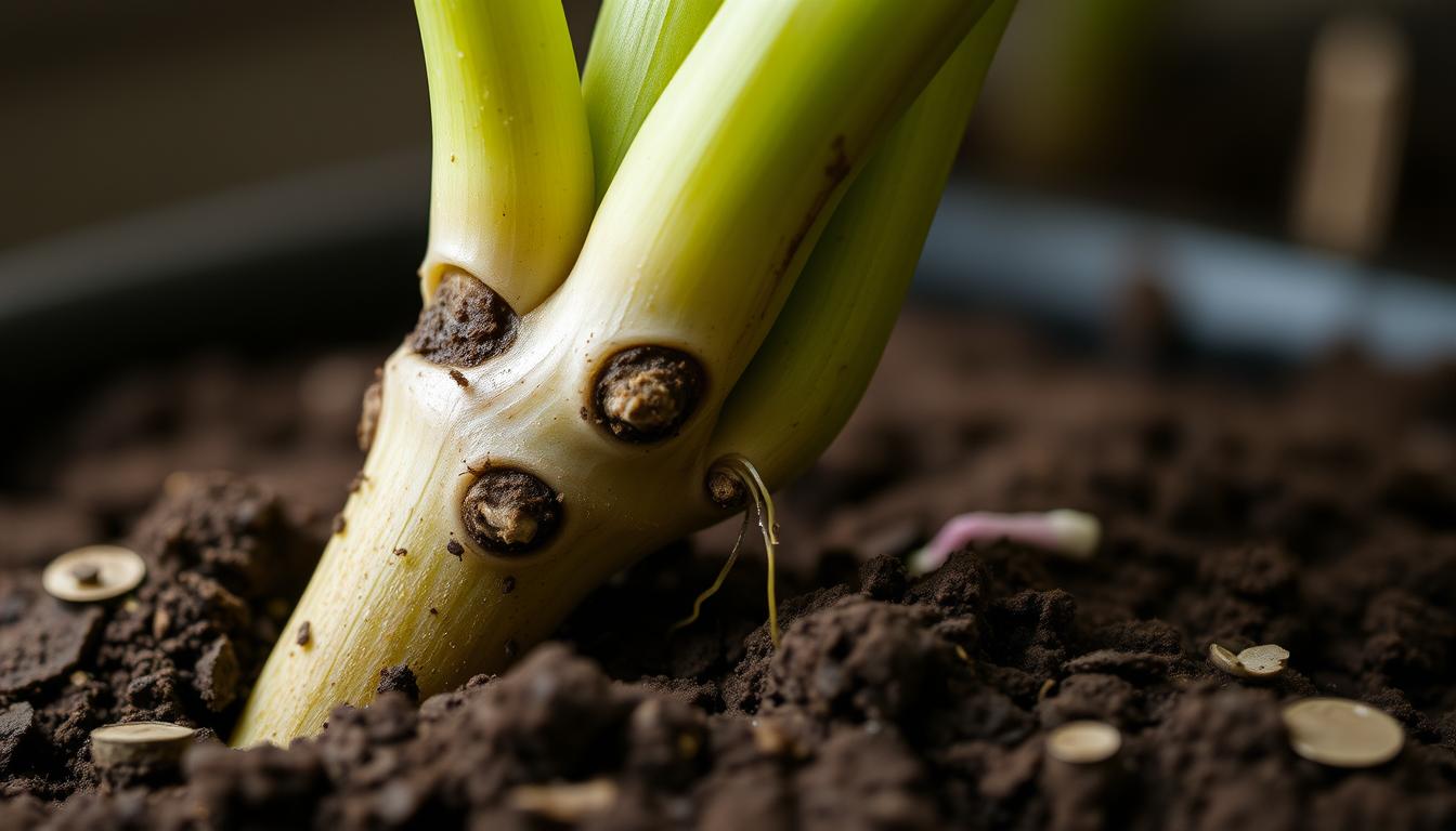 A close-up view of a rubber plant's stem with several nodes, showing the process of propagation. The stem is surrounded by moist soil and small roots are visible emerging from the nodes. The lighting is soft and diffused, creating a natural, earthy atmosphere. The focus is sharp on the propagating stem, with a slightly blurred background to emphasize the subject. The composition is balanced, with the stem positioned slightly off-center to create visual interest. The overall tone is one of nurturing growth and propagation, reflecting the care and attention required for successfully propagating a rubber plant.
