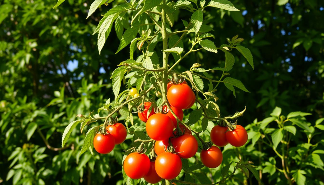 A lush, thriving tomato plant stands tall against a backdrop of verdant foliage. Its vibrant green leaves and sturdy vines stretch upwards, reaching for the warm sunlight that filters through the canopy above. At the base, clusters of plump, juicy tomatoes in various stages of ripeness cling to the branches, their rich red hues a testament to the plant's robust growth. The scene is captured in a soft, natural light, highlighting the plant's organic textures and the gentle shadows that dance across the scene. The overall impression is one of abundance, vitality, and the promise of a bountiful harvest.